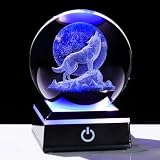 Arikyrist 3D Moon Wolf Crystal Ball Figurine with Colorful LED Base, Laser Wolf Gifts for Women Men Wolves Lovers, Wolf Statue Glass Animal Decorative Ball for Christmas Birthday Home Decor (80mm)