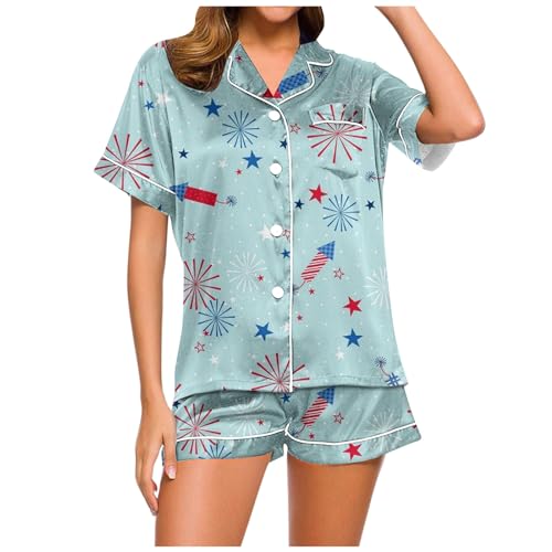 Conjunto de pijamas para mujer, para el Día de la Independencia, pantalones de pijama, con estampado, a la moda, para el día a día, azul claro, M