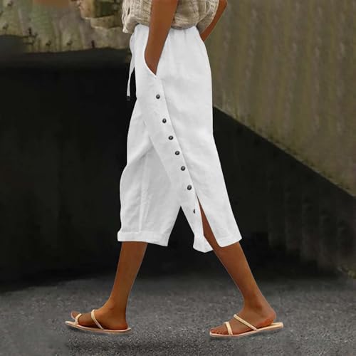 Linen Trousers Womens,Cropped Trousers Women Linen Summer Shorts Wide Leg Lounge Pants Elastic Waist Palazzo Trouser With Pockets 3/4 Length Shorts Baggy Joggers Casual Tracksuit Bottom White - Image 2