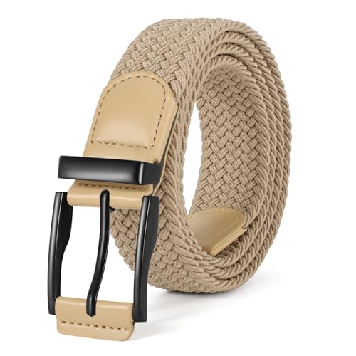Image of WERFORU Stretchy Braided Belt for Men Elastic Woven Belt for Jeans Pants Casual Men’s Golf Belt Beige