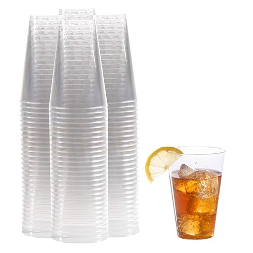 Prestee 100 Clear 14 Ounce Plastic Cups - Hard Plastic Disposable Tumblers for Wine, Cocktails, Water, and Beer - Sturdy Large Clear Cups for Parties, Weddings, Events - Reusable or Disposable