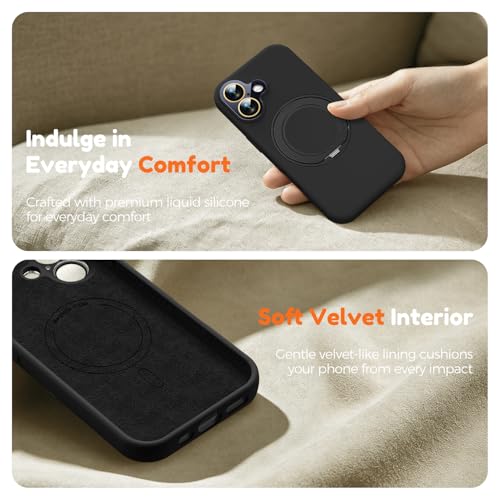Image of Silicone 360 Spin Magnetic Stand Case for iPhone 17, [Compatible with Mag-Safe][Reinforced Hard Camera Protection]Shockproof Liquid Silicone Rubber Phone Case Cover with Ring, Camera Button, Jet Black