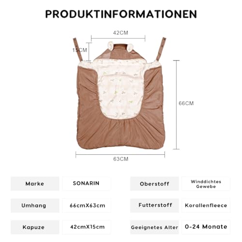 SONARIN Winddichte Babytrage Bezug,Warm Winter Tragecover mit Kapuze & Korallenfleece-Futter,Universal Tragetuchhüllen Fußsack Umhänge Bezug für Babytragen mit Fronttasche(Kaffee)