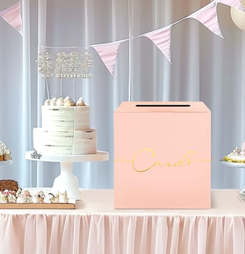Image of HEIPINIUYE Large Card Box for Party 9.8 inch x 9.8 inch Pink Gift Card Box Holder with Gold Foil Design Envelope Box for Wedding Birthday Baby Shower Retirement Party Raffle Box