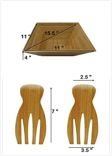 JB Home Collection 4563, Large Bamboo Salad Bowl Set with 2 pieces Salad Hand Server Forks - Great for Serving Fruit, Salad, Pasta, Wood Brown 11"x11"