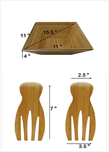 Jb Home Collection 4563, Large Bamboo Salad Bowl Set With 2 Pieces Salad Hand Server Forks - Great For Serving Fruit, Salad, Pasta, Wood Brown 11"X11" #TOP1