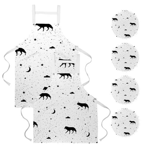 Lot de 2 tabliers de cuisine avec 4 broches et imprimé loup artistique