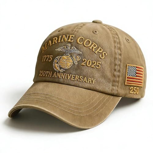 Yuonry Marine Corps Embroidered Baseball CapUSA 250th Anniversary Commemorative Cap Veteran Pride Adjustable Retro Baseball Hat(Khaki)