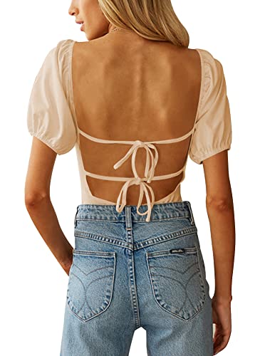 Image of oten Women's Sexy Backless Puff Sleeve Square Neck Tie Back Bodysuit Tops