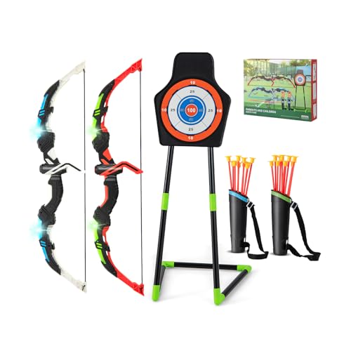 GOPLUS Arcs et Flèches Enfants, Ensemble Tir à l'arc à LED avec 20 Flèches à Ventouse, 2 Carquois, Cible détachable, Jeu de Tir Intérieur Extérieur...