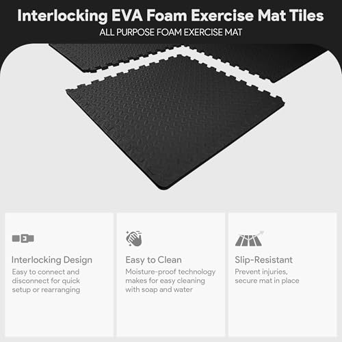 Image of BalanceFrom Puzzle Exercise Mat 3 /4 inch Thick, EVA Interlocking Foam Floor Tiles for Home Gym, Mat for Home Workout Equipment, Floor Padding for Kids, Black, 24 in x 24 in x 3 /4 in, 96 Sq Ft - 24 Tiles | Tiles for Home Gym, Mat for Home Workout Equipment, Floor Padding for Kids, Black, 24 in x 24 in x 3 /4 in, 96 Sq Ft-24 Tiles