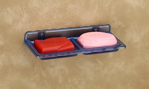 Image of HAPPI Unbreakable ABS Plastic Square Shape Double Soap Dish, Soap Stand, Soap Case, Soap Holder Stand Wall Mounted for Bathroom (Blue)