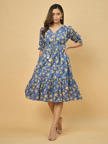 Image of Azira 100% Cotton Printed Fit & Flared Mandarin Collar Midi Dress | Casual Dress | Dress for Woman | Summer Dress