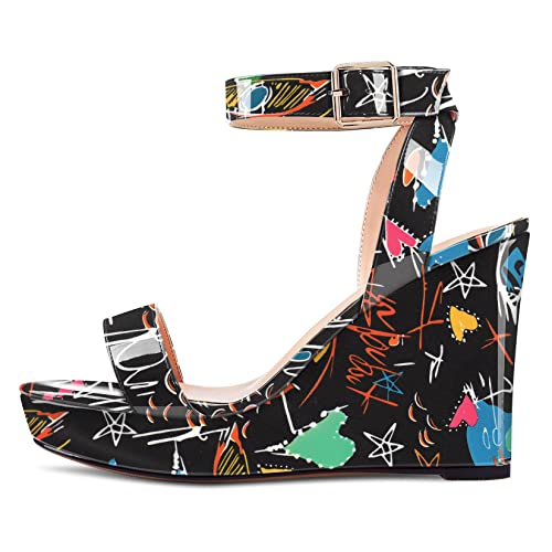Image of Aachcol Women Platform Wedge Sandals Round Peep Open Toe Ankle Strap Slingback Two-Piece Chunky Block High Heel Dress Shoes Pumps Party Patent 4 Inch