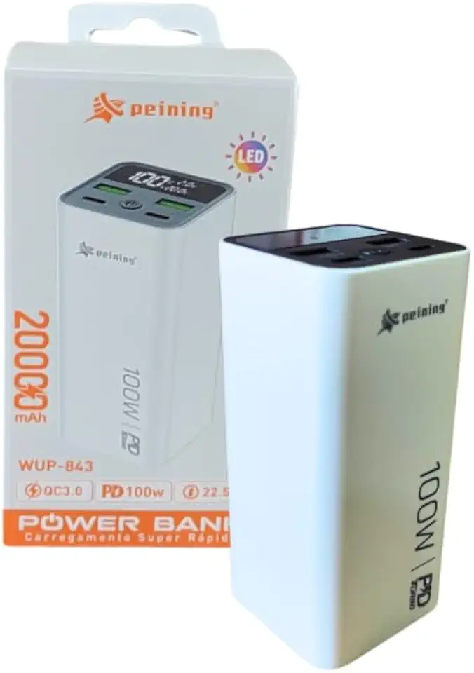 Carregador Portátil Power Bank Turbo 20000 mAh com LED, Carregamento Rápido 100W, QC 3.0, PD 100W, Tipo-C, USB, para Celular e Notebook
