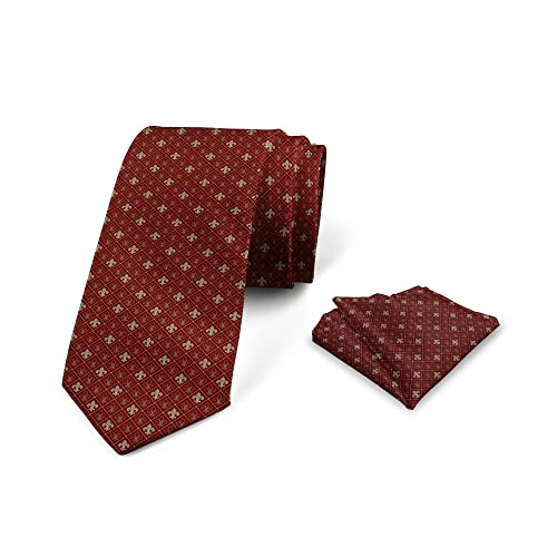 Lunarable Fleur De Lis Men s Tie Set, Fleur-de-Lis in Diamond Shape Lines Classical Cultural Victorian Style, Necktie Set Groom Handkerchief for Parties Weddings & All Occasions,Maroon Pale Green