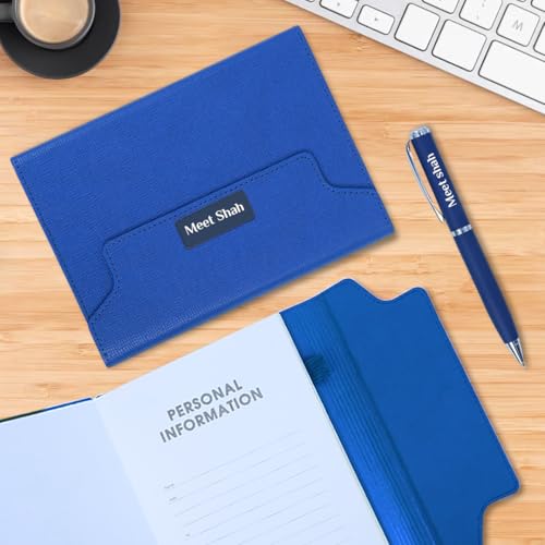 Image of Giftana Personalized Diary with Pen Gift Set for Men and Women, 2 in 1 Customized Leather Texture Folding Diaries Set for Husband, Father, Diwali Gifts, Personalised New Year Gifts for Employee- Blue