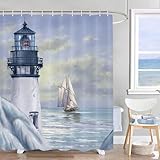 Jipusai Art Lighthouse Shower Curtain Sets for Bathroom, Large Size Sunrise Blue Ocean Shower Curtain, Waterproof Nautical Shower Curtain Bathroom Decor Curtain with Hooks 72X84IN