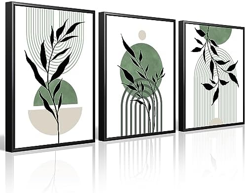 Mid Century Modern Wall Art Set of 3 Sage Green Canvas Wall Art Boho Prints Green Wall Decor Black Beige Abstract Wall Art Picture Mid Century Painting for Living Room Bedroom 12x16 Inch UNFRAMED