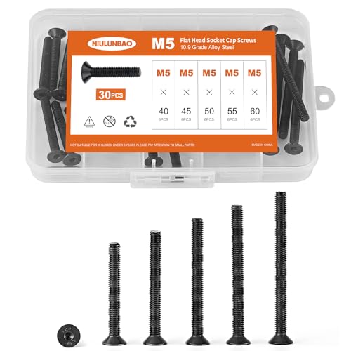 M5 x 40mm 45mm 50mm 55mm 60mm Flat Head Socket Cap Screws Countersunk Bolts, 10.9 Grade Alloy Steel, Black Oxide Finish, Allen Hex Drive, Metric Fully Threaded, Assortment Kit 30PCS