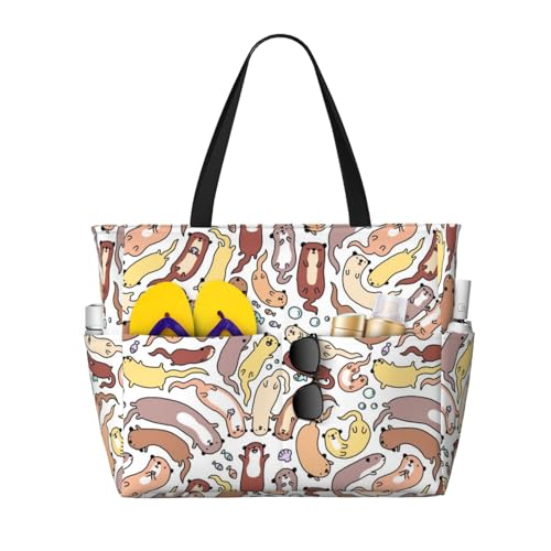 Cute Otter Pattern Large Capacity Waterproof Beach Travel Bag With Multiple Pockets - Sandproof Tote For Swimming & Camping