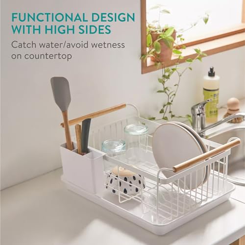 Navaris Dish Drainer Rack - Plate, Cutlery, Pots and Pans Drying Rack for Kitchen with Beechwood Handles - Modern Retro Design Drip Tray - White - Image 7