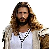 TS Curly Middle Part Wig Long Dark Brown Synthetic Hair for Men Cool Middle Part Exquisite Wig