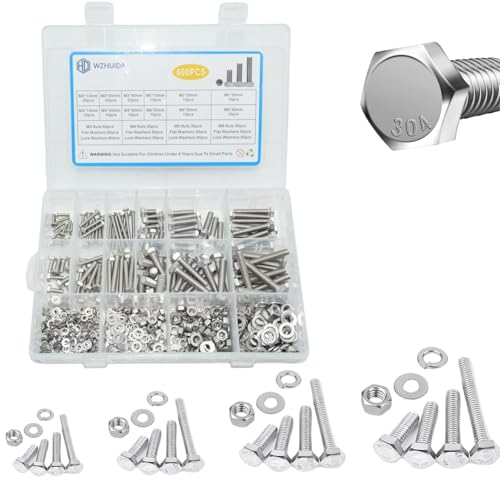 WZHUIDA 600 Stück M3 M4 M5 M6 Sechskantschrauben und Muttern Set, Edelstahl Sechskant Schrauben Muttern und Unterlegscheiben Sortiment Kit, Maschinenschrauben mit Vollgewinde