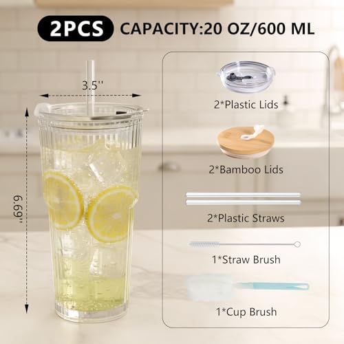 Image of Ruckae 20oz Ribbed Glass Tumbler with Lids and Straws - 2 Pack Leak Proof Iced Coffee Cup- Aesthetic Glass Cups with Bamboo Lids for Home,Office,Travel and Gifts (2, Transparent)
