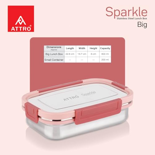Image of ATTRO Sparkle Big Stainless Steel Lunch Box 2-Piece Set - 900ml + 200ml - Leak-Proof, BPA-Free, Compact & Durable - Ideal for Kids, Office, Travel - Peach