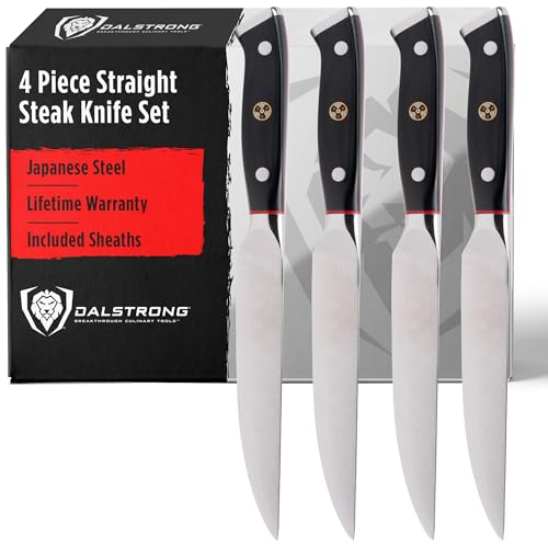 Dalstrong Non Serrated Steak Knives Set of 4-5 inch Straight Blade Steak Knife Set - Sheaths - AUS-10V Japanese Steel - Black G10 Handle - Shogun Series Elite - Dinner Set Cuchillos para Carne