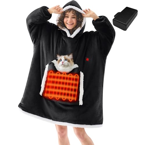 JOYWOO Wearable Heated Blanket Hoodie,Oversized Cordless Portable Heating Hooded Blanket Cat Lovers,Christmas Gifts for Women,Men,Mom,Cozy Sherpa Electric Blankets Throw for Adult Outdoor,Black