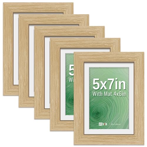 VCK 5x7 Picture Frame 5 Pack, Oak Wood, 4x6 Mat, Glass, for Portrait Print