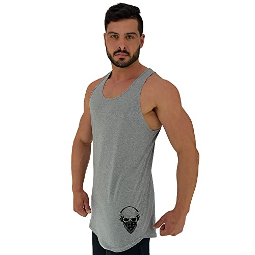 Regata Longline Masculina Cavada MXD Conceito Treino Academia Musculação Estampas (EG, Caveira Lenço