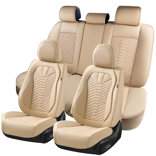 Image of Coverado Car Seat Covers Full Set, Waterproof Nappa Leather Seat Covers for Cars, Universal 5 Seats Car Seat Covers, Front and Back Car Seat Protector, Auto Seat Covers Fit for Most Cars, Beige