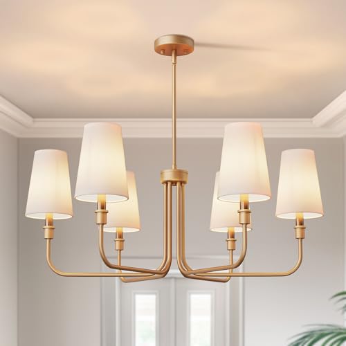 DORESshop 6-Light Chandelier for Dining Room Light Fixture Over Table, 33.86" Modern Muted Gold Chandelier with White Fabric Shade, Adjustable Hanging Light Fixture for Kitchen Dining Room