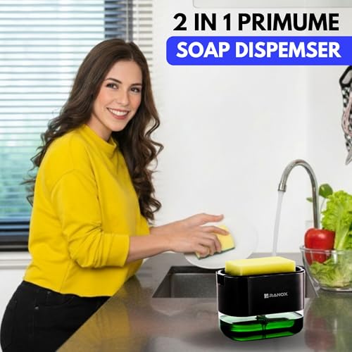 Image of Ranox Soap Dispenser for Kitchen Sink Accessories, Dish Wash Liquid Dispenser Pump 400ml with Sponge Holder, Bathroom Soap Dispensers, Kitchen Sink Organizer (Black (Dishwasher))