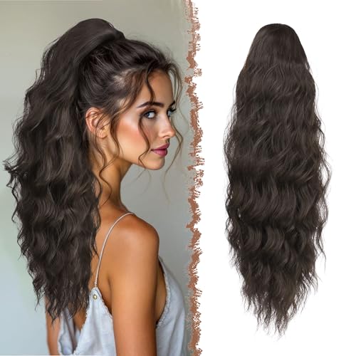 FESHFEN Postiche Queue de Cheval Ondulé Longues, Extension Ponytail Cheveux avec Peigne Ponytails Bouclé Naturel Cordon Synthétique Postiches pour Femmes, 60 cm Marron Foncé