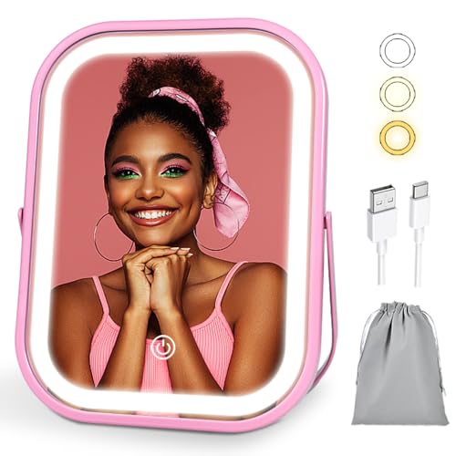 YEKKOPT Travel Makeup Mirror with Lights, Portable Small Beauty LED Vanity Mirror with Lights, 1200mAh Battery, Dimmable Touch Screen, Tabletop Folding Compact Mirror,Women Gift