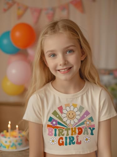 Image of Little Girls Short Sleeve Crop Top Birthday Tshirts Cute Prints for Teen Girls Summer T-Shirt 6-14Years