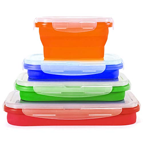 Collapsible Kitchen Storage Containers Freezer and Microwave Safe, Dishwasher Safe Tupperware Storage Containers for Food，Silicone 4 Set Containers Travel Food Storage, Silicone Lunch Containers