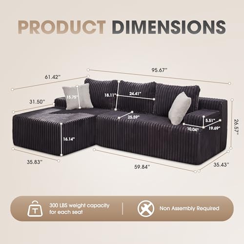 Hobestluk Modular Sectional Sofa Boneless Couch L-Shape Couch 3 Seat Modular Couch Memory Foam Sectional Couches for Living Room Furniture, Cloud Couch with Chaise Lounge (96 Left Facing Chaise)