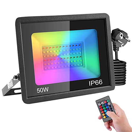 Projecteur LED Couleur, 50W Projecteur LED RGB Exterieur Avec Télécommande et fonction mémoire, Spot LED Couleur Dimmable 16 Couleurs 4 Modes Etanche IP66 Pour Arbre Soirée Bar Fête (50W, 1 PACK)