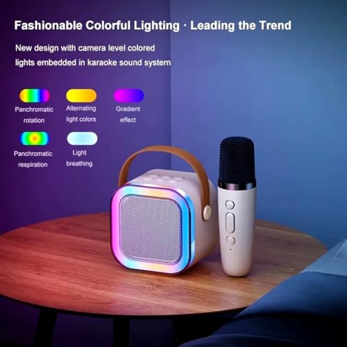 Image of Cream Portable Bluetooth Speaker with Wireless Mic, RGB LED Party Light, Heavy Bass Karaoke Speaker, Rechargeable Battery, Portable Handle, Wireless Mic for Kids & Adults, Home & Outdoor Party