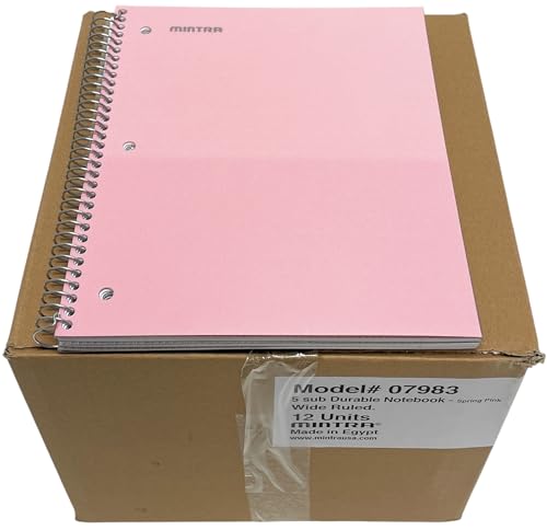 Mintra Office Durable Spiral Notebooks, 5 Subject (Spring Pink, Wide Ruled 12pk)