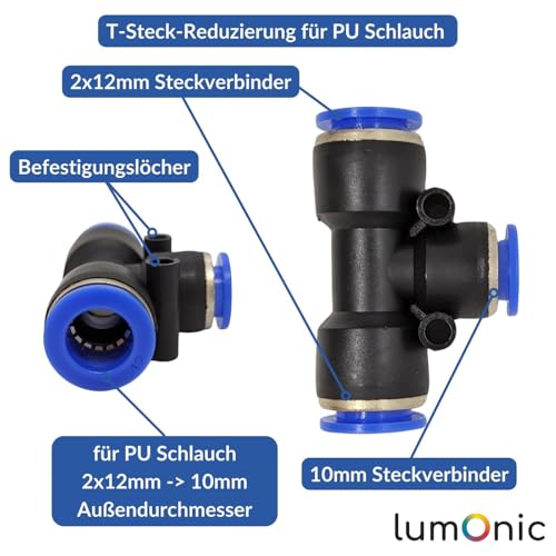 Distribuidor en T reductor Lumonic de 12/10/12mm para aire comprimido 3