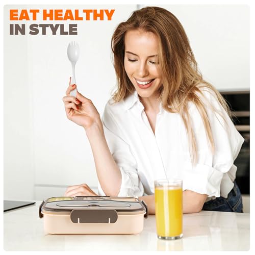 Image of EASYFUN Bento Box Adult, Lunch Box, 4-Compartment Lunch Containers, Drop-Proof, Dishwasher Safe & Made with BPA-Free Materials(Khaki)