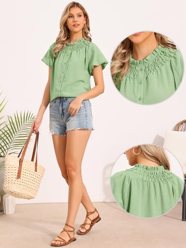 Image of Allegra K Puff Sleeve Tops for Women's Casual Ruched Button Down Shirts