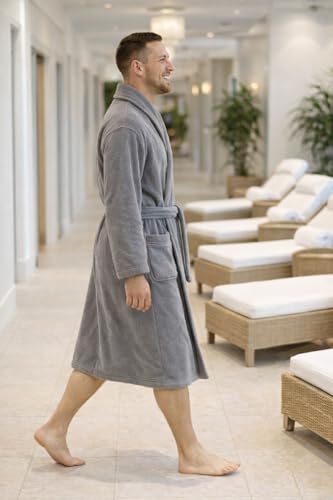 ISTANBUL MODEL Mens Hooded Robe, Plush Robes for Men, Long Fur Bathrobe (Gray, XXL)
