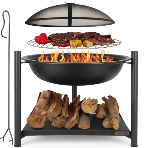 SereneLife 26″ Outdoor Wood Fire Pit with BBQ Grill, Mesh Screen, and Wood Storage – Heavy-Duty Steel Frame, Heat-Resistant – Ideal for Bonfires, Camping, and Outdoor Cooking